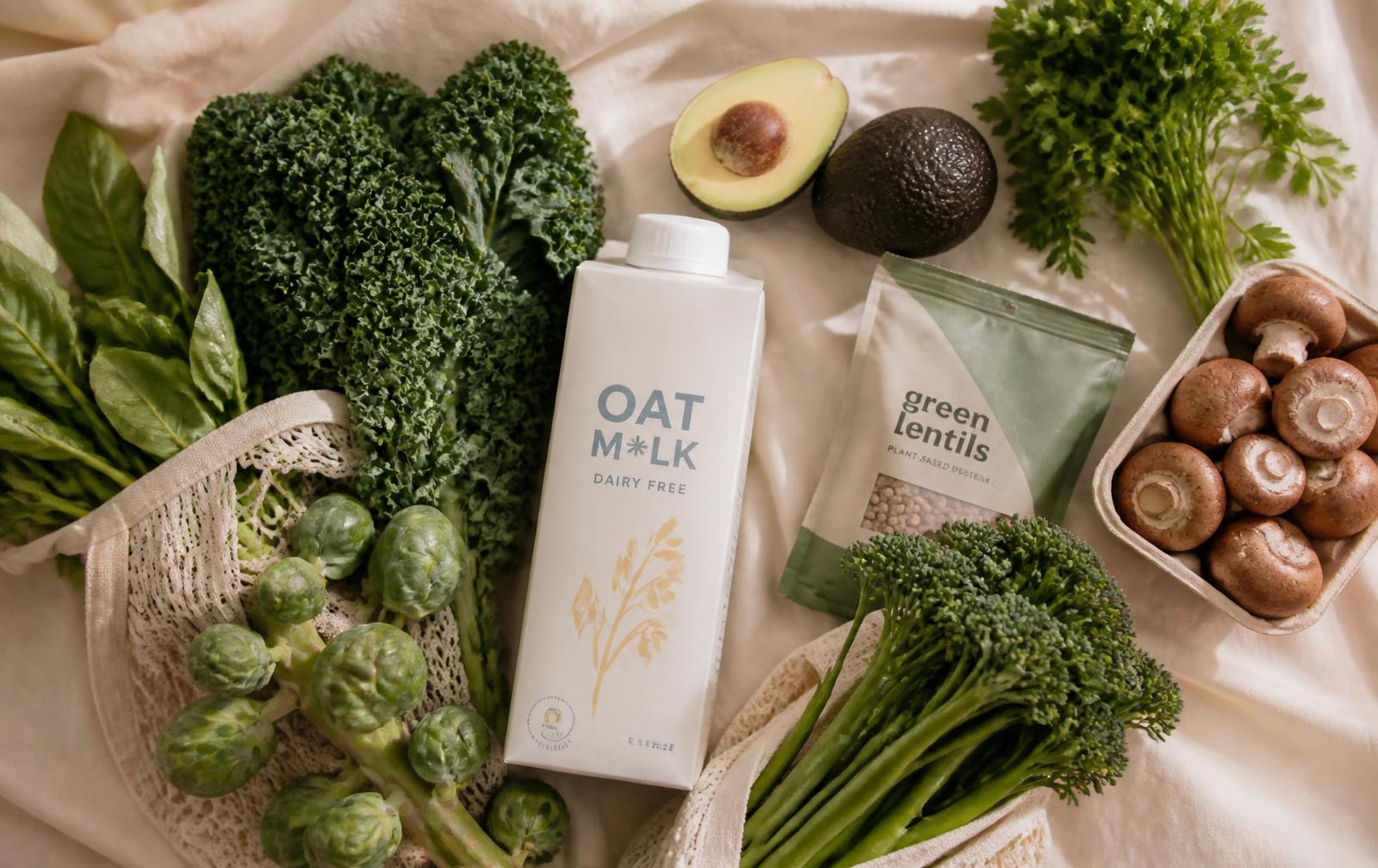 Fresh plant-based groceries including kale, avocado and oat milk